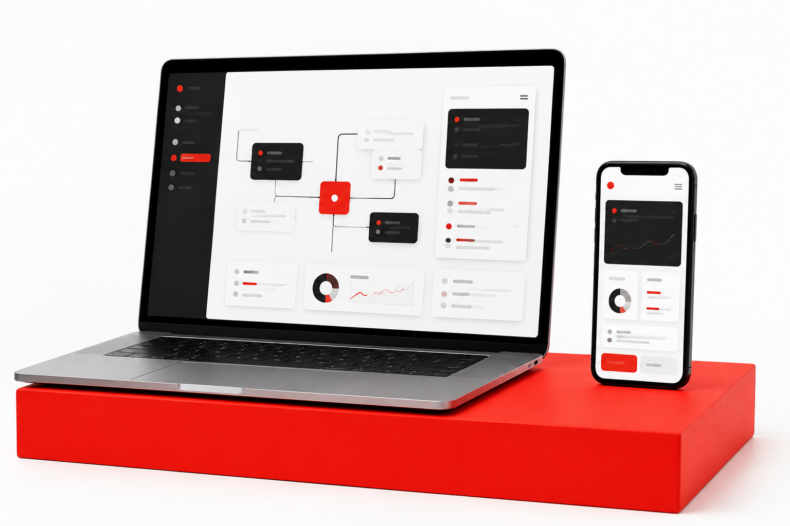Ilustrasi laptop dan ponsel dengan antarmuka web, mobile, dan alur otomatisasi AI