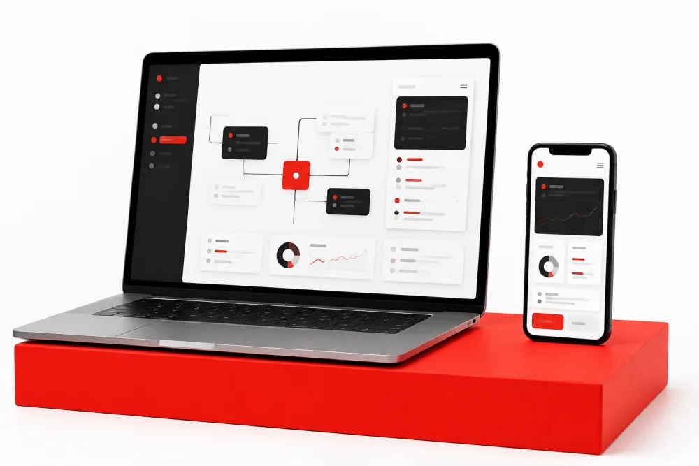 Ilustrasi laptop dan ponsel dengan antarmuka web, mobile, dan alur otomatisasi AI
